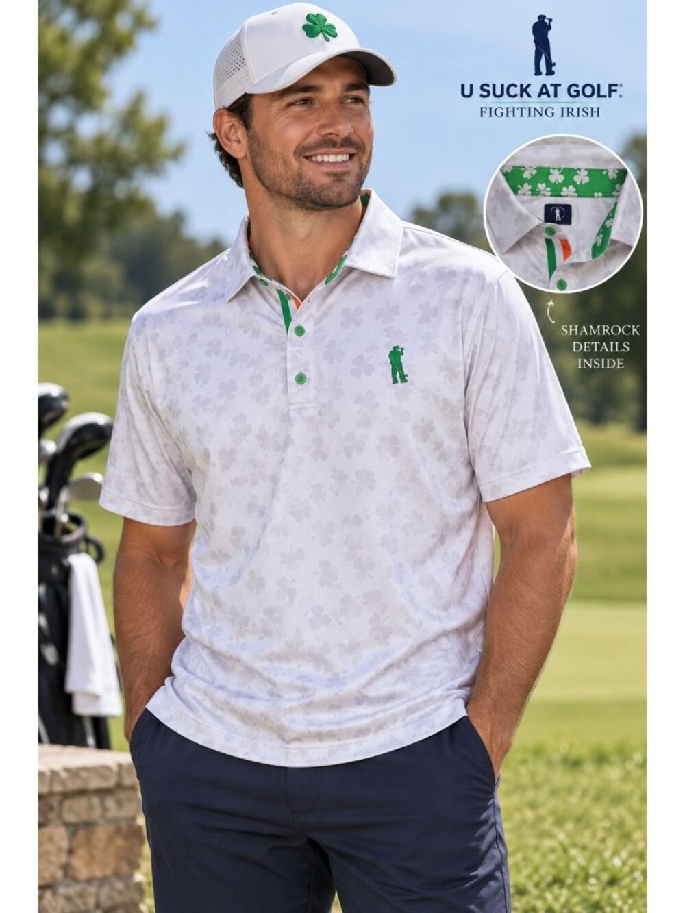 U Suck at Golf Fighting Irish Polo Shirt Mens Tagless Size XL Shamrock Sport